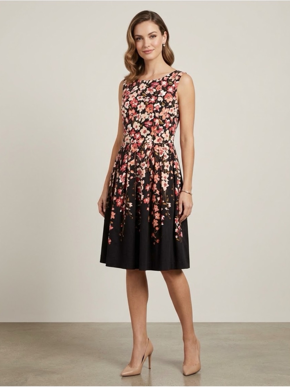 Talbots Floral Print A-Line Sleeveless Dress Size 12 Black Pink Cotton